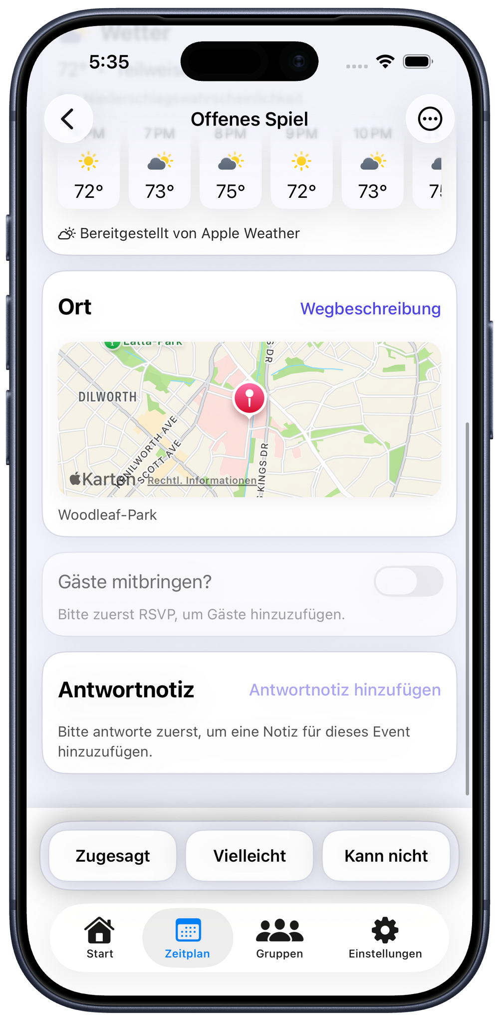 Finde Events und plane fürs Wetter