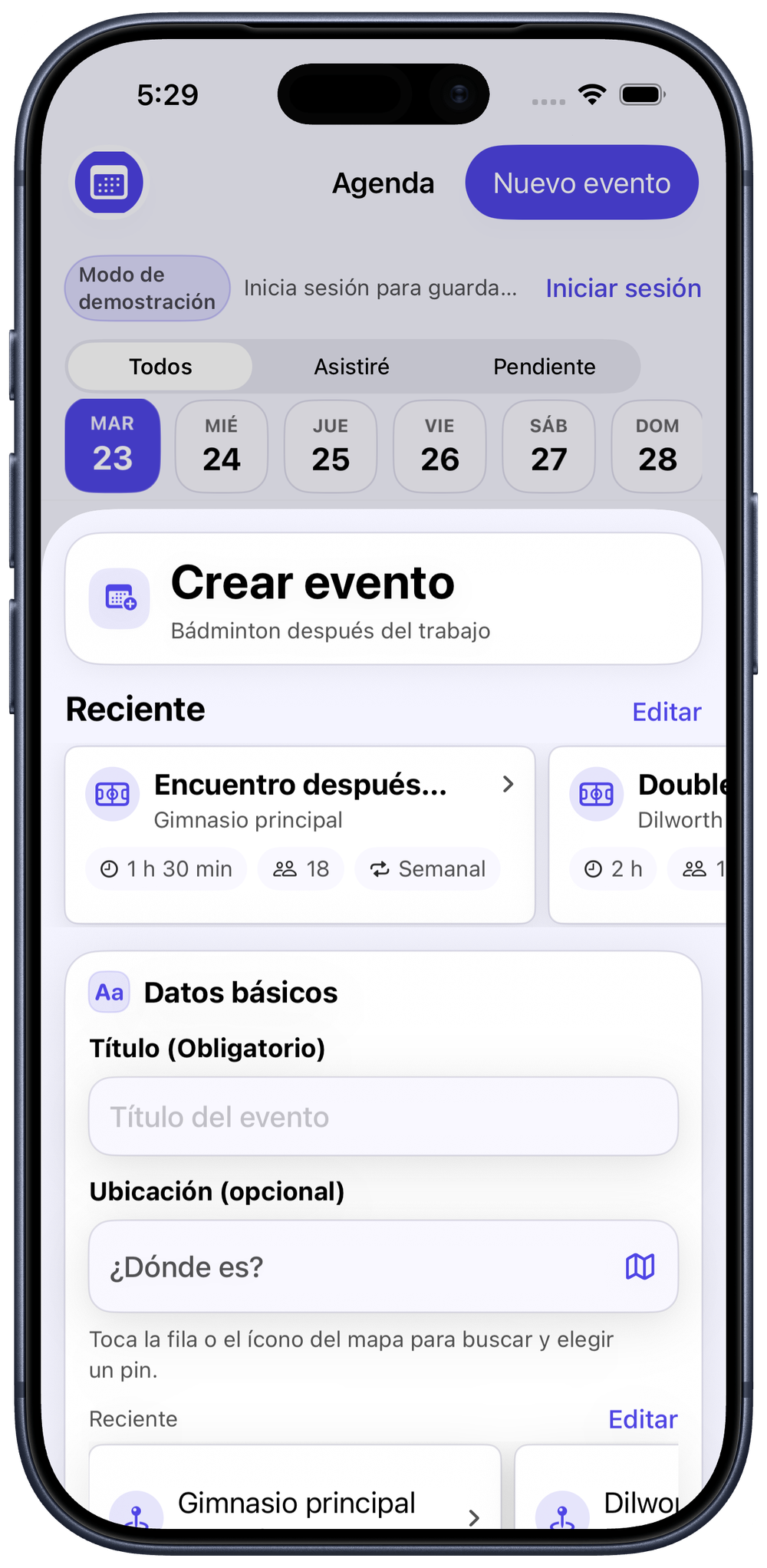 Planifica tu próximo juego: Crea eventos únicos o recurrentes para tu grupo en segundos.