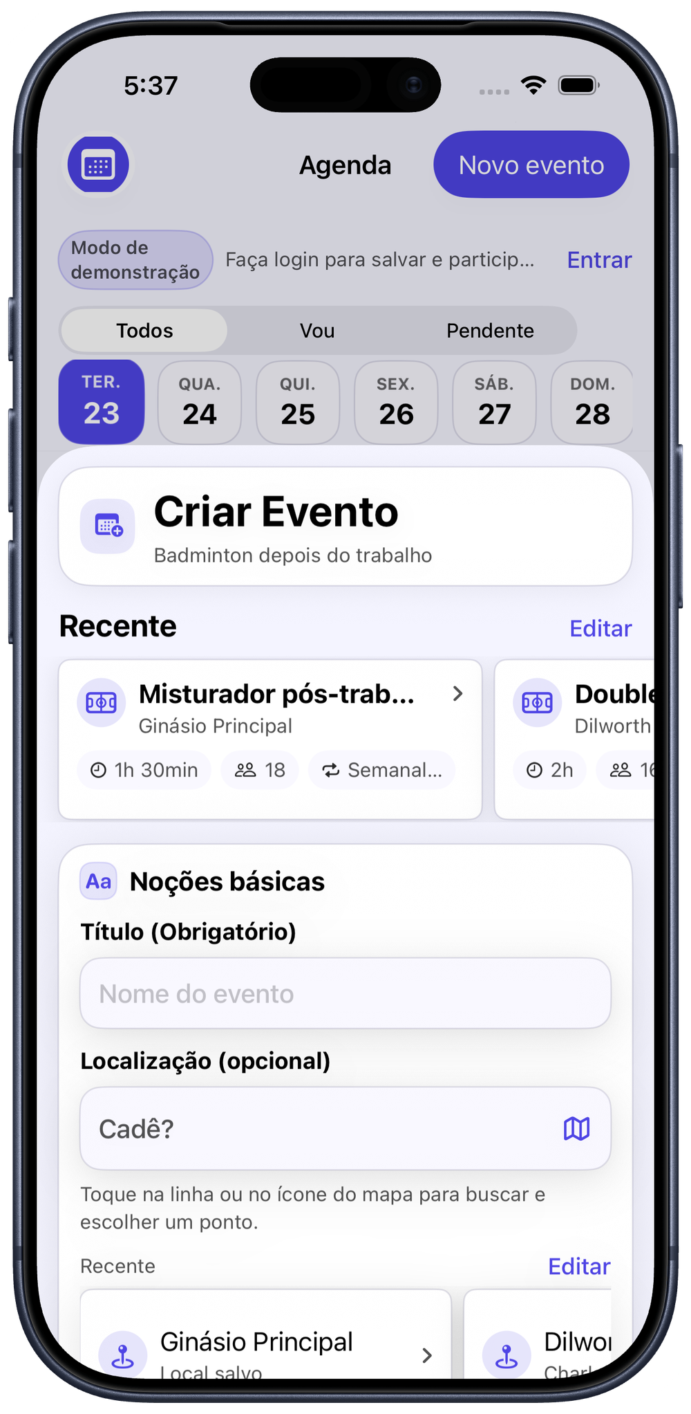 Planeje seu próximo jogo: Crie eventos únicos ou recorrentes para seu grupo em segundos.