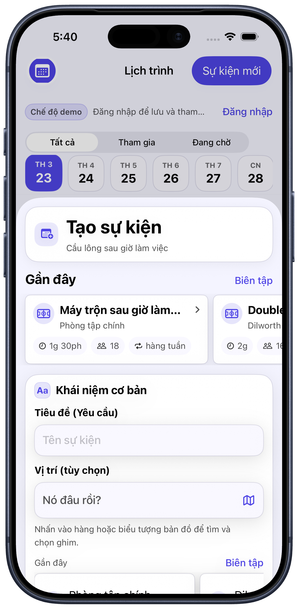 Lên kế hoạch cho trận tiếp theo: Tạo sự kiện một lần hoặc định kỳ cho nhóm của bạn chỉ trong vài giây.